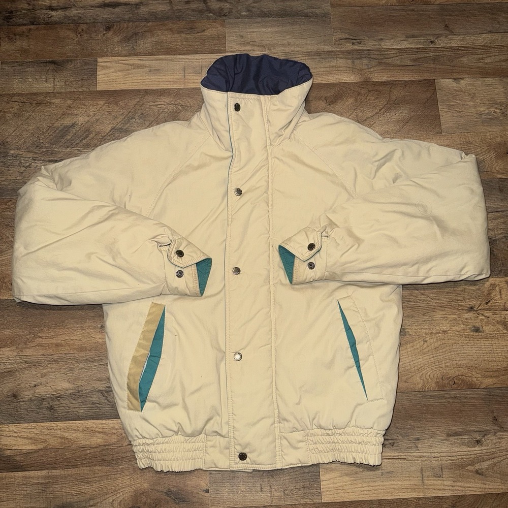 Vintage Town & Country Jacket Mens M Beige Green Puffer Winter Insulated 90s